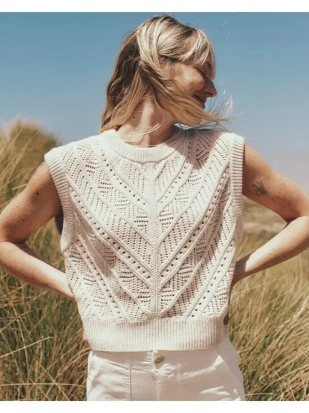 Coastal Boho Preppy Classic Marine Layer Cream Open Knit Sweater Vest Sz XL